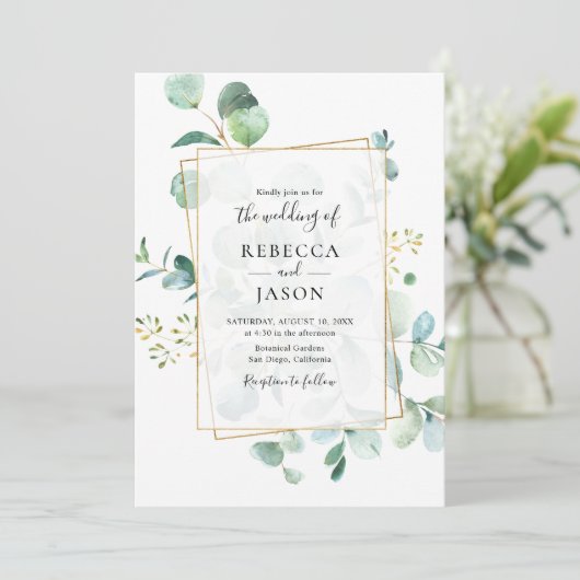 Geometric Greenery Eucalyptus Wedding Einladung (Stehend Vorderseite)