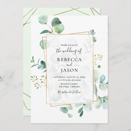 Geometric Greenery Eucalyptus Wedding Einladung (Vorne/Hinten)