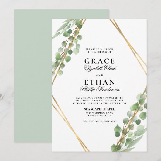 Geometric Greenery Gold Frame Eukalyptus Wedding Einladung (Vorne/Hinten)