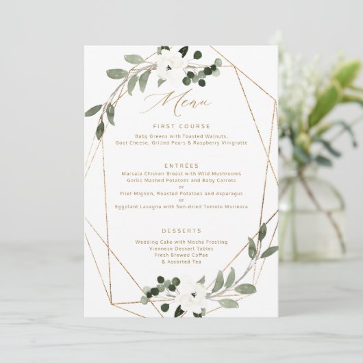 Geometric Greenery Gold Wedding Menu Menükarte (Stehend Vorderseite)