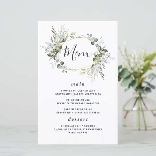 Geometric Greenery Moderne Gold Wedding Menu Cards (Stehend Vorderseite)