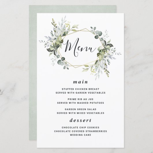 Geometric Greenery Moderne Gold Wedding Menu Cards (Vorne/Hinten)