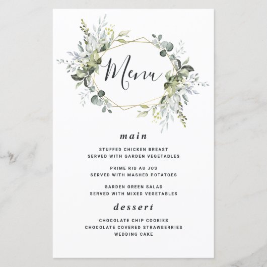 Geometric Greenery Moderne Gold Wedding Menu Cards (Vorderseite)