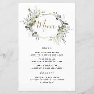 Geometric Greenery Moderne Gold Wedding Menu Cards