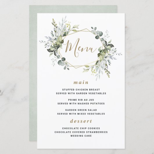 Geometric Greenery Moderne Gold Wedding Menu Cards (Vorne/Hinten)