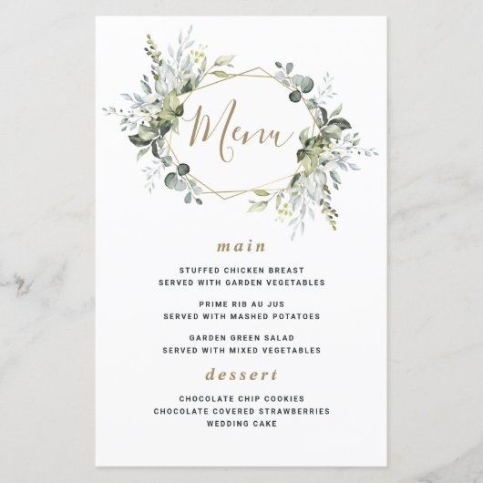 Geometric Greenery Moderne Gold Wedding Menu Cards (Vorderseite)
