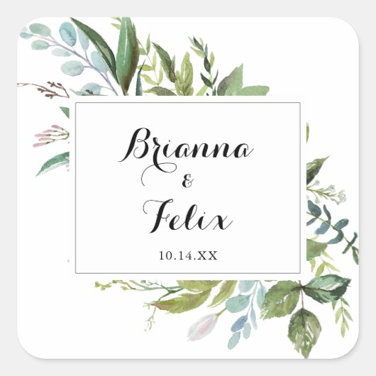 Geometric Greenery Wedding Umschlag Aufklebers Quadratischer Aufkleber (Vorderseite)