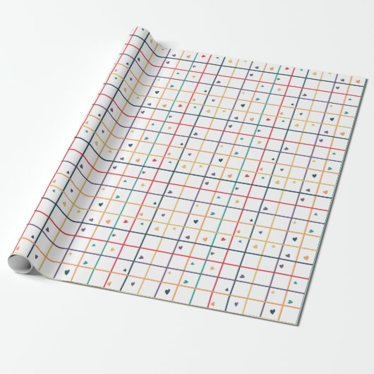 Geometric Grid Pattern with Scattered Hearts Geschenkpapier (Ungerollt)