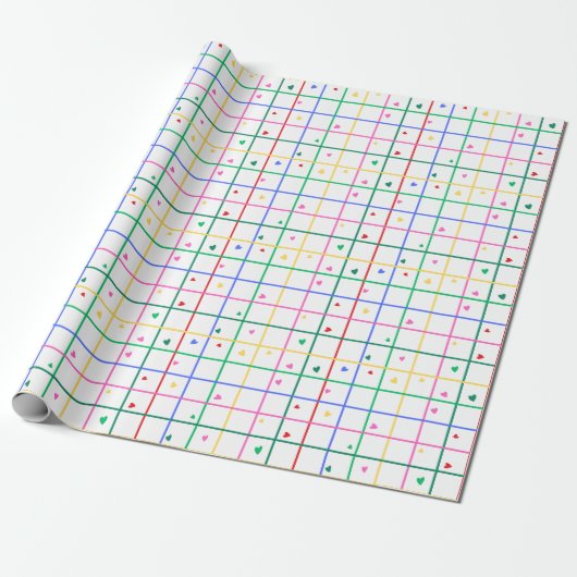 Geometric Grid Pattern with Scattered Hearts Geschenkpapier (Ungerollt)
