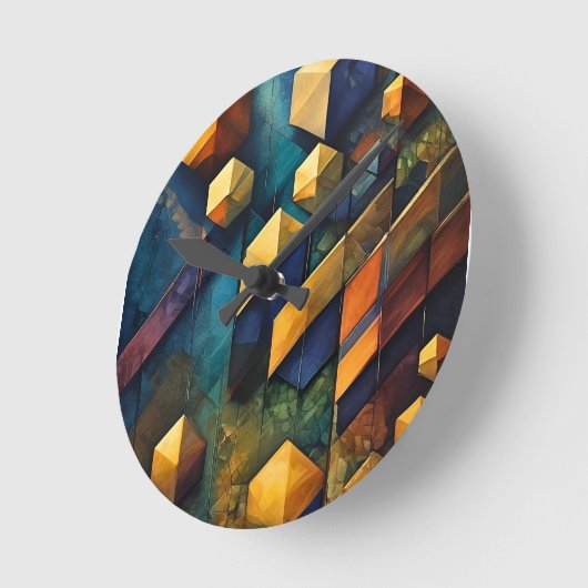 Geometric Harmony: Abstract Cubes in Gold and Teal Runde Wanduhr (Winkel)