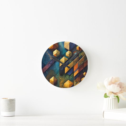 Geometric Harmony: Abstract Cubes in Gold and Teal Runde Wanduhr (Zuhause)