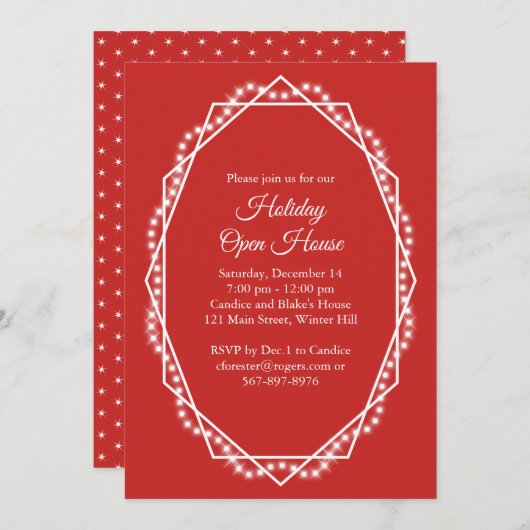 Geometric Holiday Sparkle Open House Red Einladung (Vorne/Hinten)