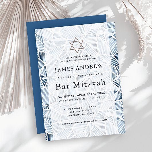 Geometric Indigo Pattern Watercolor Bar Mitzvah Einladung