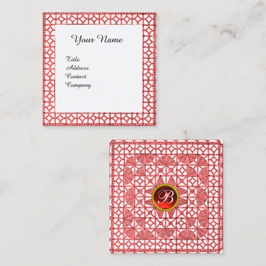 GEOMETRIC LACE RED RUBY GEM STONE MONOGRAMM White Quadratische Visitenkarte (Vorne/Hinten)