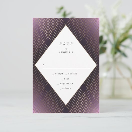 Geometric Lila Gatsby Wedding RSVP (Stehend Vorderseite)