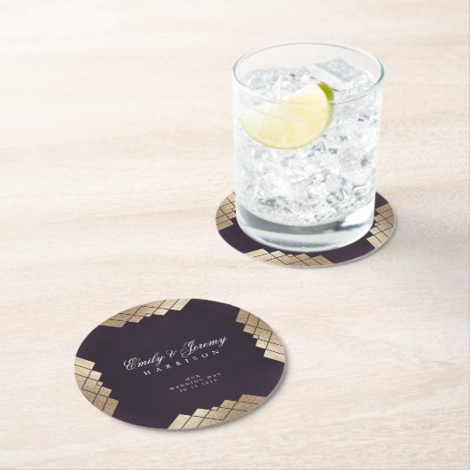 Geometric Lila Gatsby Wedding Runder Pappuntersetzer (Vor Ort)