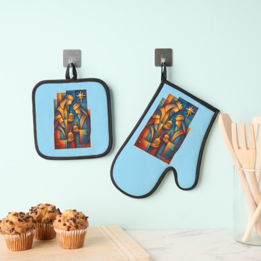 Geometric Magi - Three Wise Men Christmas Star Art Ofenhandschuh & Topflappen-Set (Insitu (Hängend))