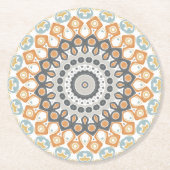 Geometric Mandala in Orange, Gray, and Blue Runder Pappuntersetzer (Vorderseite)