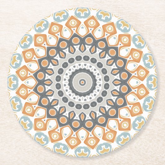 Geometric Mandala in Orange, Gray, and Blue Runder Pappuntersetzer (Vorderseite)