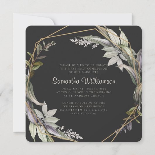 Geometric Modern Foliage First Communation Einladung (Vorderseite)