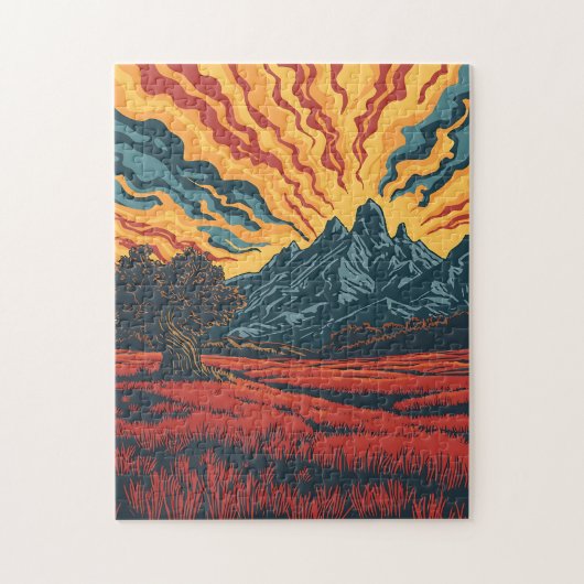Geometric Mountain Peaks and Red Field Graphic Art Puzzle (Vertikal)