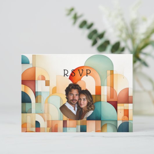 Geometric Orange Blue Peach Turquoise Wedding RSVP Karte (Stehend Vorderseite)