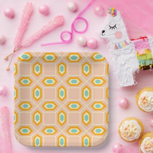 Geometric pattern in blue and orange diamond shape pappteller (Party)