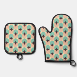 Geometric pattern of teal, beige, and black shapes ofenhandschuh & Topflappen-Set