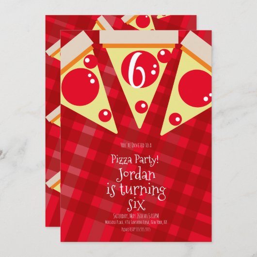 Geometric Pizza Slices Party Red Birthday Einladung (Vorne/Hinten)
