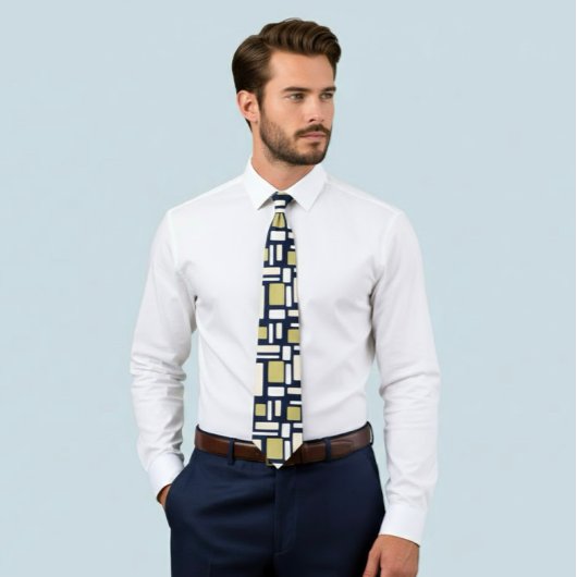 Geometric Rectangle Pattern Tie in Ivory and Gold  Krawatte