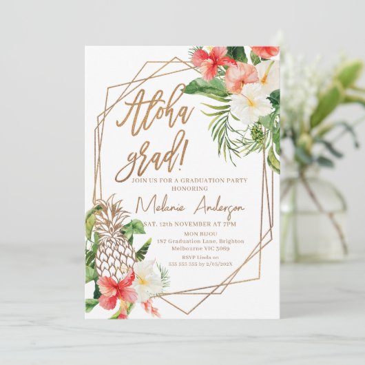 Geometric Red Floral Aloha Grad Abschluss Einladung (Stehend Vorderseite)