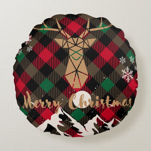 Geometric Reindeer Karierter Weihnachtswurfkissen Rundes Kissen (Vorderseite)