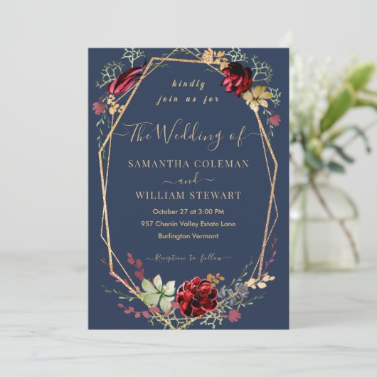 Geometric Rustic Boho Wildblume Navy Blue Wedding Einladung (Stehend Vorderseite)
