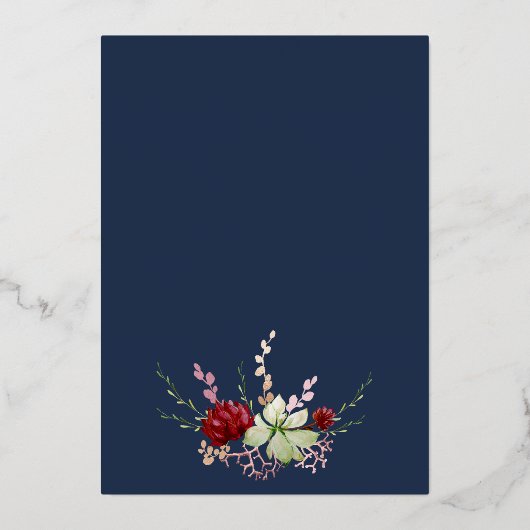 Geometric Rustic Boho Wildblume Navy Blue Wedding Folieneinladung (Rückseite)