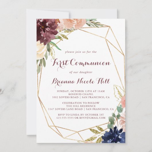 Geometric Rustic Gold Calligraphy First Communatio Einladung (Vorderseite)