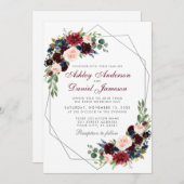 Geometric Silver Blue Burgundy Floral Wedding Einladung (Vorne/Hinten)