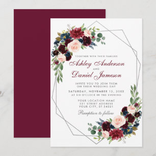 Geometric Silver Burgundy Blue Floral Wedding Einladung