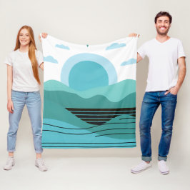 Geometric Sun Mountain Abstract with Tribal Border Fleecedecke