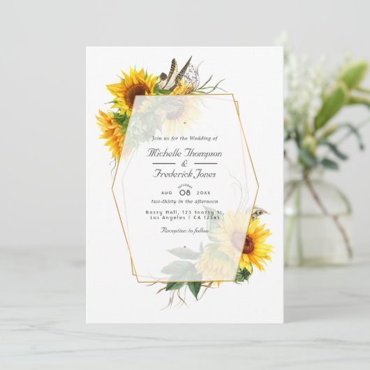 Geometric Sunflower Rustic QR Code UAWG Wedding Einladung (Stehend Vorderseite)