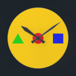 geometric - triangle, circle and square runde wanduhr<br><div class="desc">Geometry (Ancient Greek: γεωμετρία; geo- "earth",  -metron "measurement") is a branch of mathematics concerned with questions of shape,  size,  relative position of figures,  and the properties of space. A green triangle,  a red circle and a blue square shapes on a customizable background color. Cool idea for the geometry teacher</div>