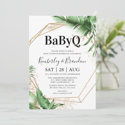Geometric Tropical Botanical GRILLEN Baby Shower Einladung (Stehend Vorderseite)