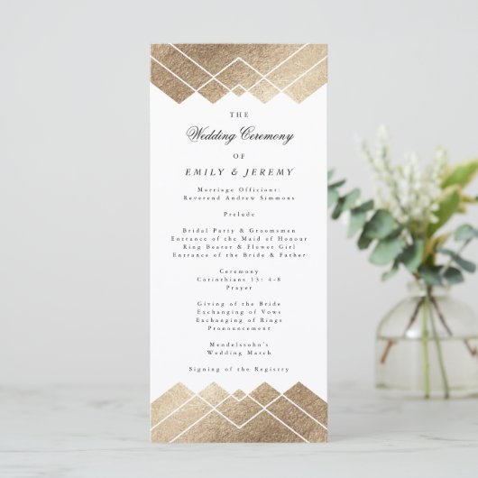 Geometric White Gold Gatsby Wedding Program Programm (Stehend Vorderseite)
