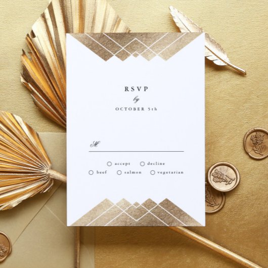 Geometric White Gold Gatsby Wedding RSVP Karte