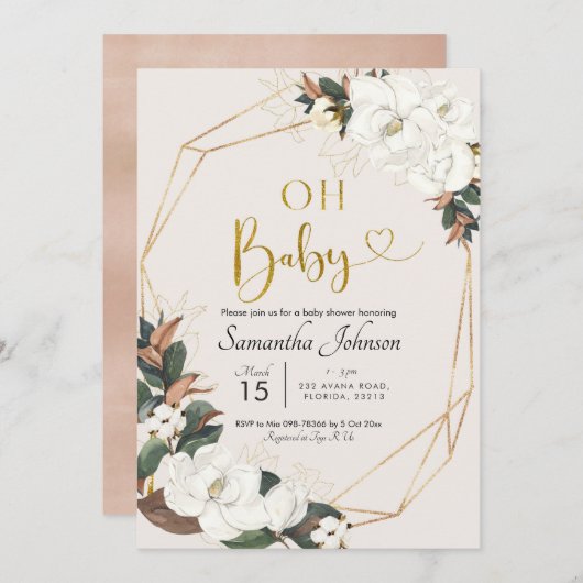 Geometric White Magnolia Oh Baby Shower Einladung (Vorne/Hinten)