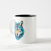 Geometric Wolf Head – Neon Blue Low Poly Animal Ar Zweifarbige Tasse (Vorderseite Links)