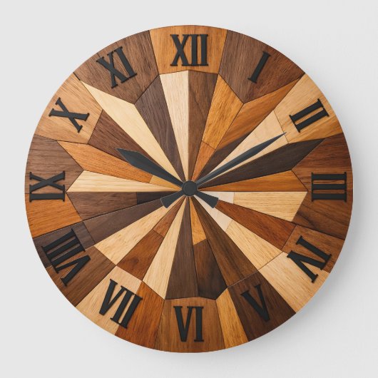 Geometric Wooden Mosaic Clock Design Große Wanduhr (Vorderseite)
