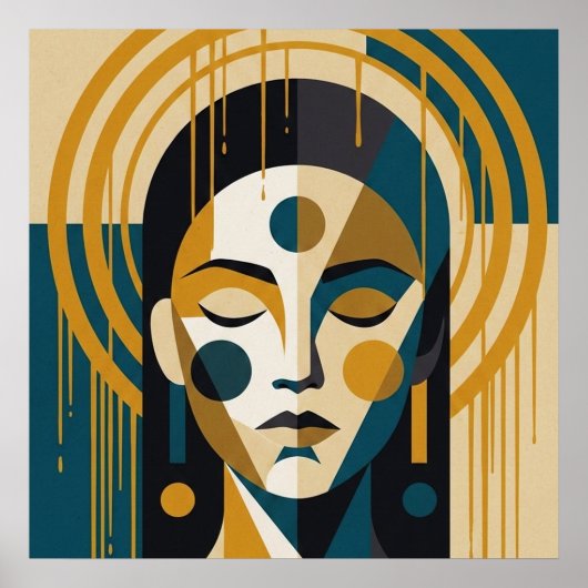 Geometric Zen Portrait in Teal and Ochre Poster (Vorne)