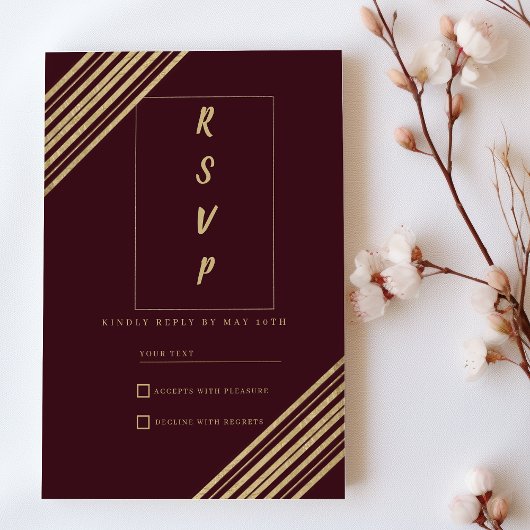 Geometrical burgundy gold typo RSVP Einladung