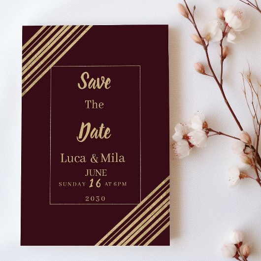 Geometrical burgundy gold typo Save the Date Einladung