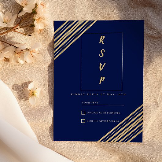 Geometrical navy blue gold typography RSVP  Einladung